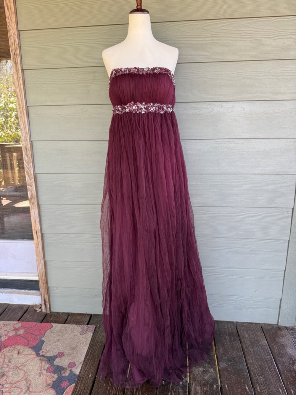 Alyce Designs Burgundy Tulle Evening Gown with Beaded Waist - Straps Included